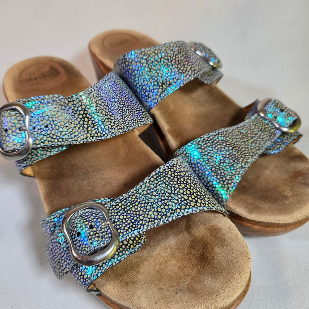 Dansko Sophie Sandals Iridescent Blue Leather Platform Wedge‎ Womens 40  9.5